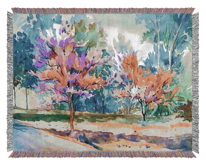 Vibrant Trees In Green Forest Woven Blanket