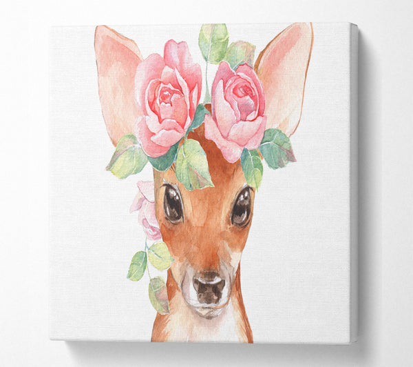 A Square Canvas Print Showing Water Colour Floral Deer Square Wall Art