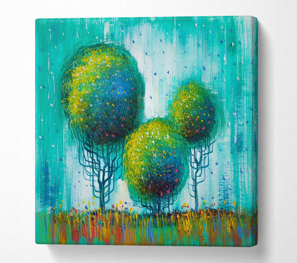 A Square Canvas Print Showing Three Round Trees Square Wall Art