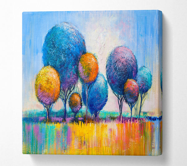 A Square Canvas Print Showing Circular Trees In The Meadow Square Wall Art