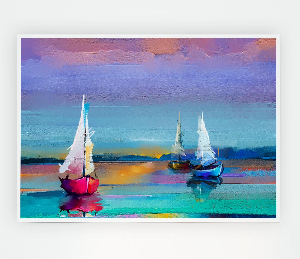 Turquoise Watercolour Boats Print Poster Wall Art