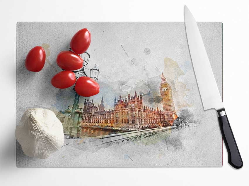 Watercolour Streets Of Parliament Glass Chopping Board