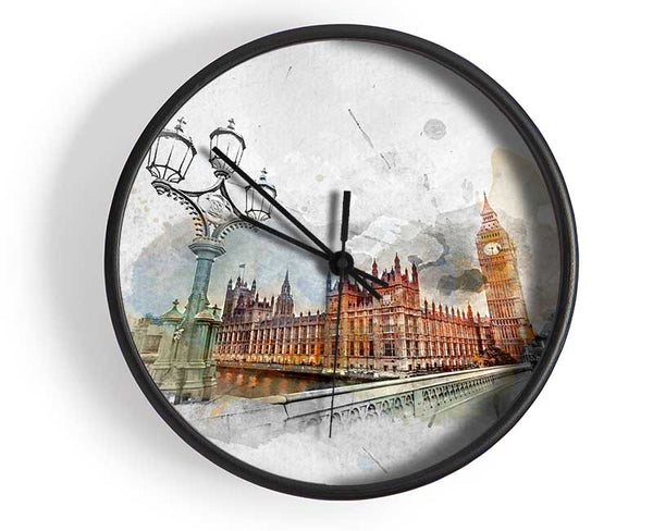 Watercolour Streets Of Parliament Clock - Wallart-Direct UK