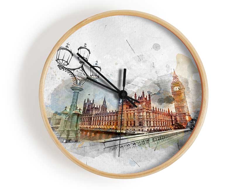 Watercolour Streets Of Parliament Clock - Wallart-Direct UK