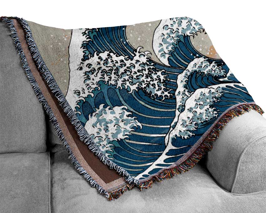 Japanese Waves In The Sunset Woven Blanket