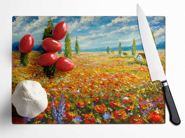Field Of Trees And Flowers Glass Chopping Board