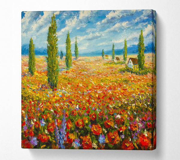 A Square Canvas Print Showing Field Of Trees And Flowers Square Wall Art