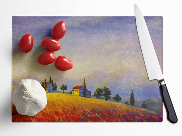 Farm On The Countryside Hill Glass Chopping Board