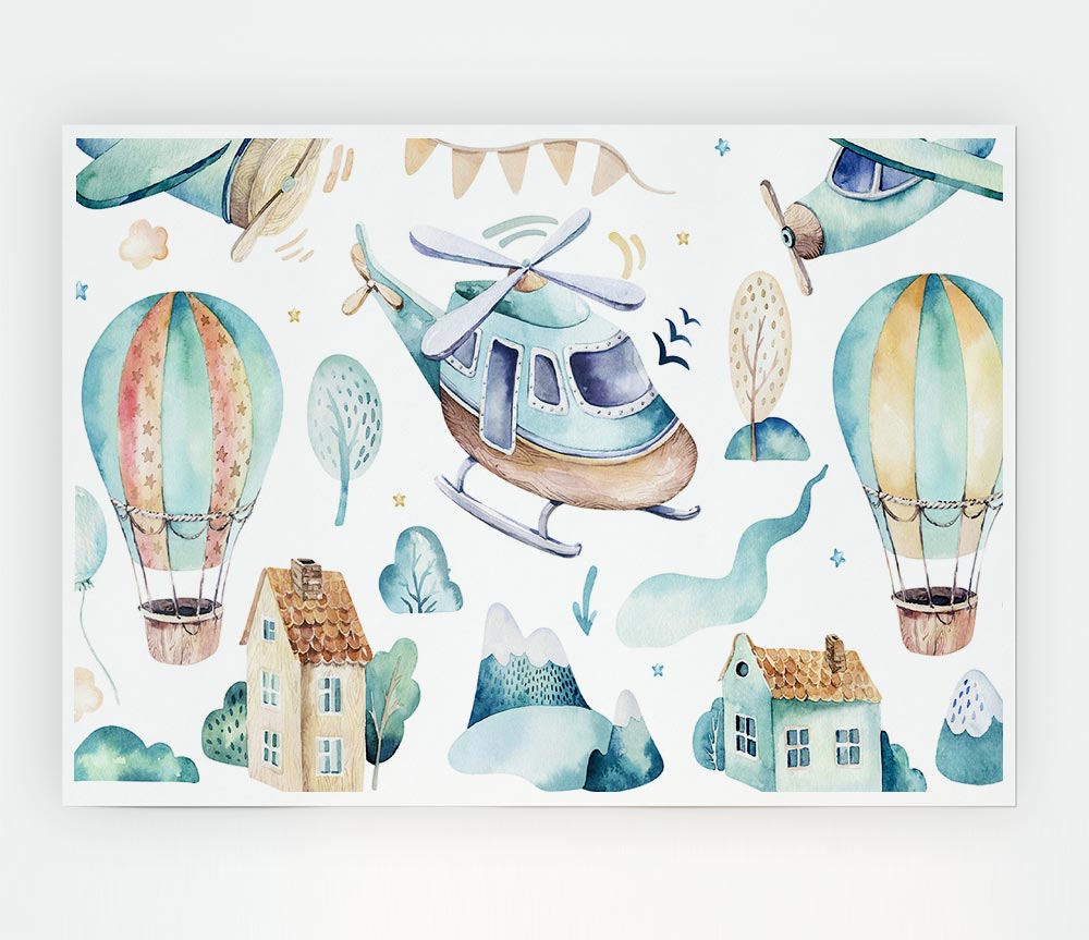 Watercolour Helicopter Print Poster Wall Art