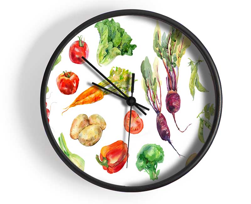 Selection Of Watercolour Vegetables Clock - Wallart-Direct UK