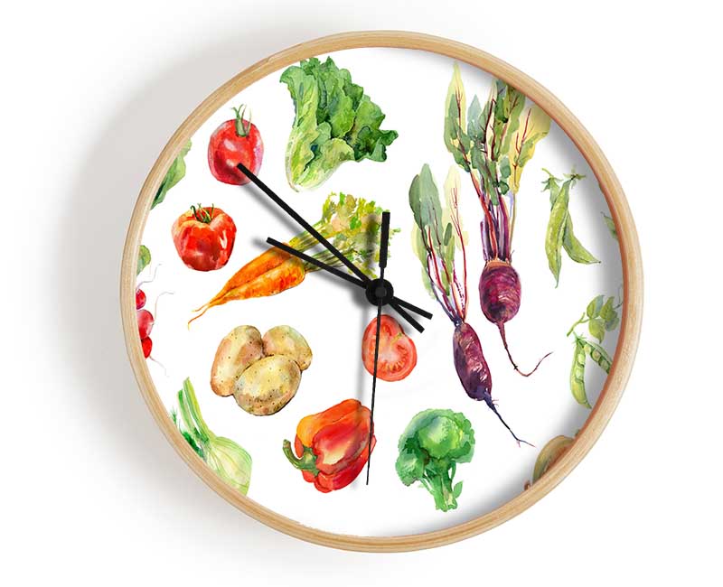 Selection Of Watercolour Vegetables Clock - Wallart-Direct UK