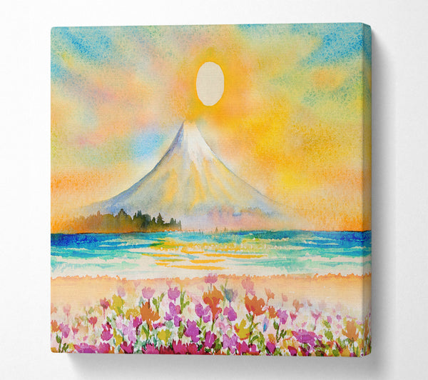 A Square Canvas Print Showing Sun Over The Volcano Square Wall Art