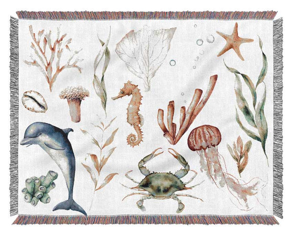 Water Colour Sea Creatures Woven Blanket