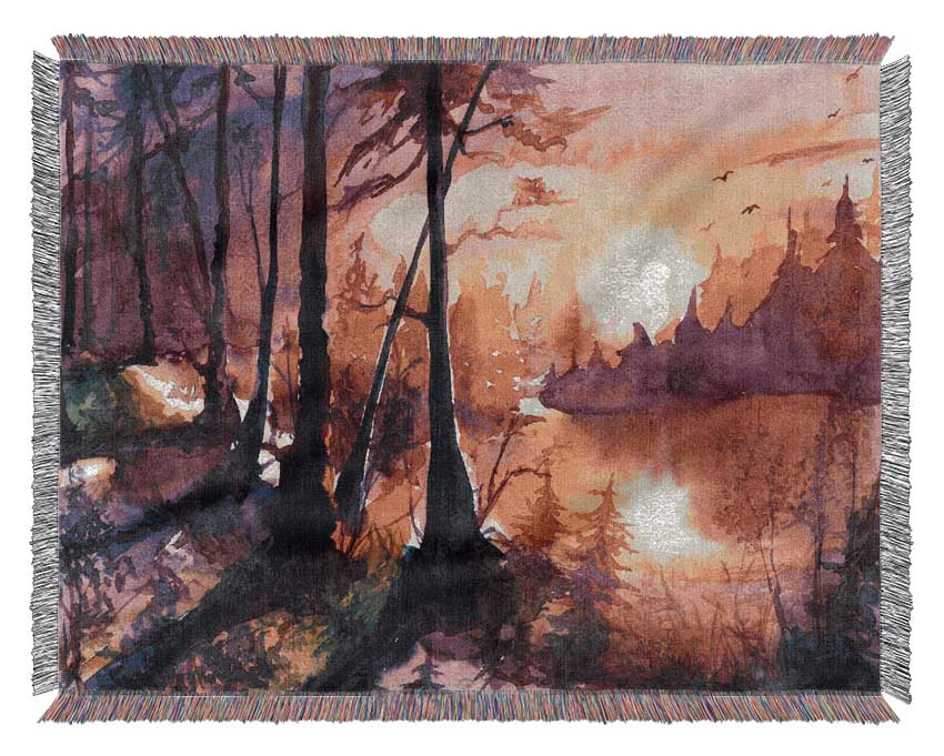 Vibrant Orange Sun In The Forest Woven Blanket