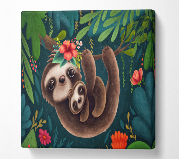 A Square Canvas Print Showing Sloth And Baby Square Wall Art