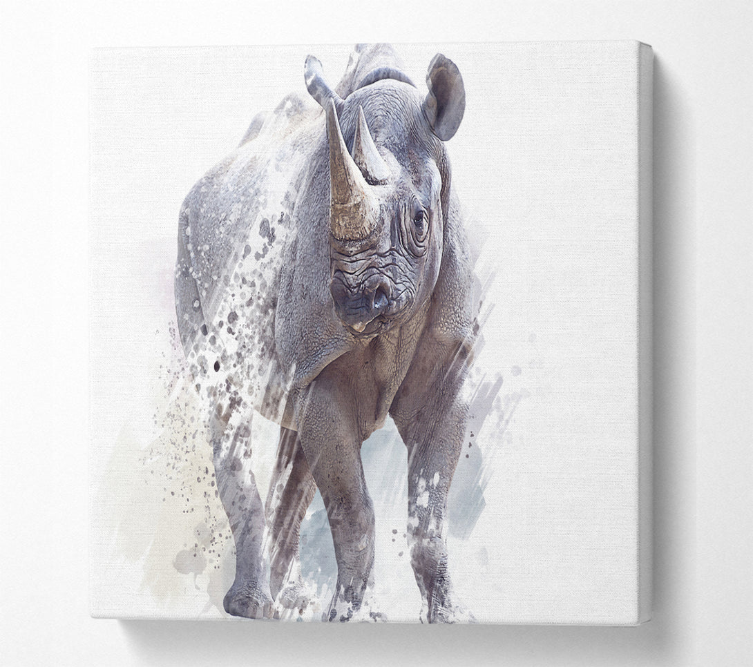 A Square Canvas Print Showing Watercolour Rhino Square Wall Art