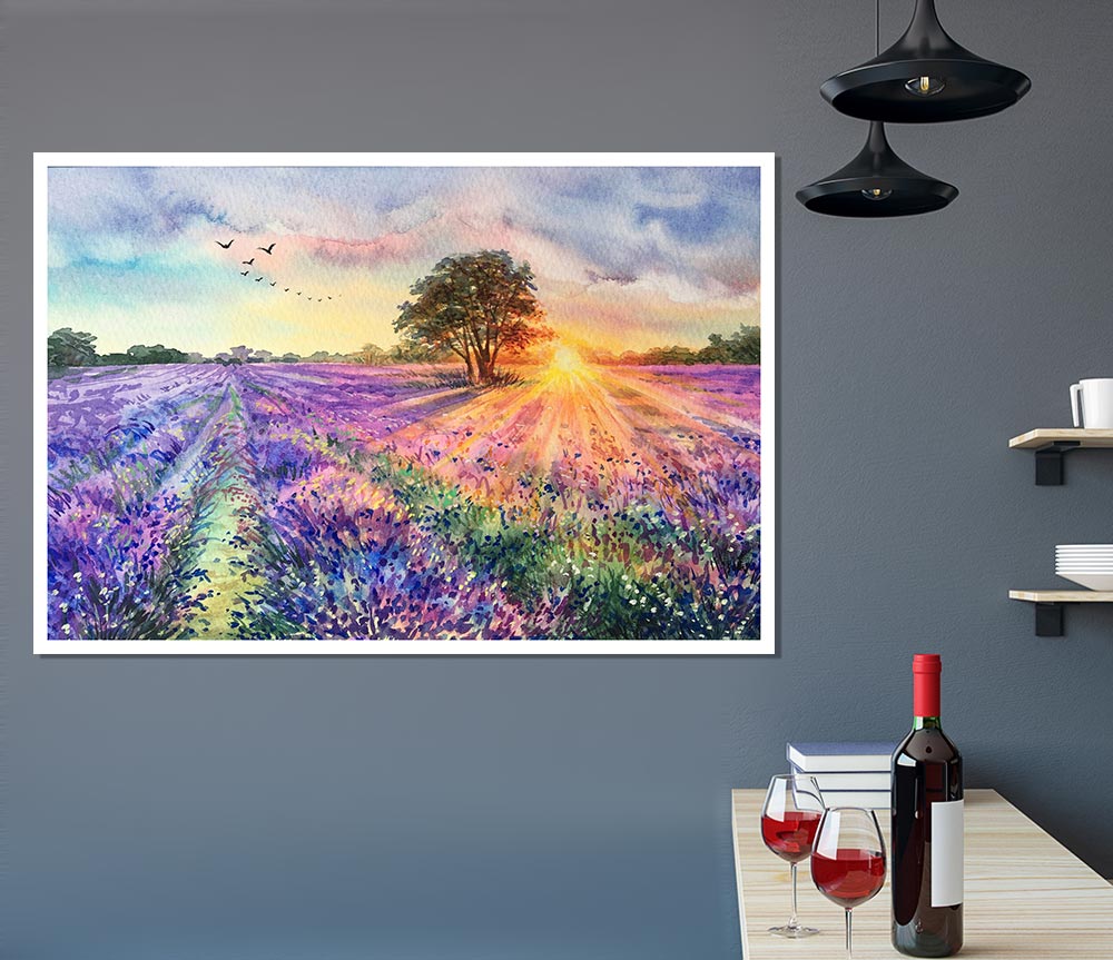 Lilac Fields Sunset Print Poster Wall Art