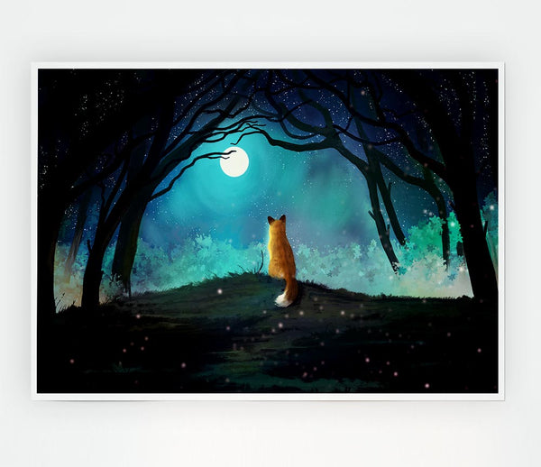 Fox Staring At The Moon Print Poster Wall Art
