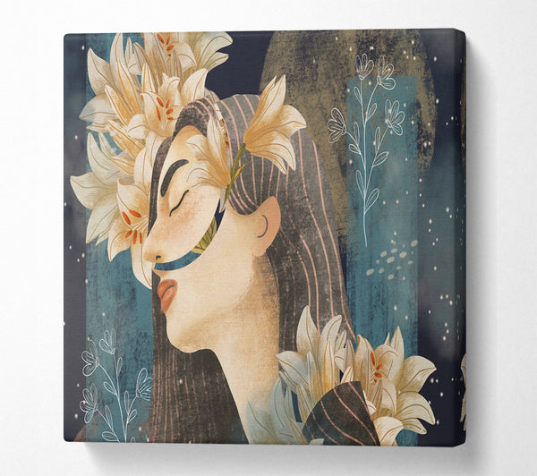 A Square Canvas Print Showing Cream Flowers Woman Square Wall Art