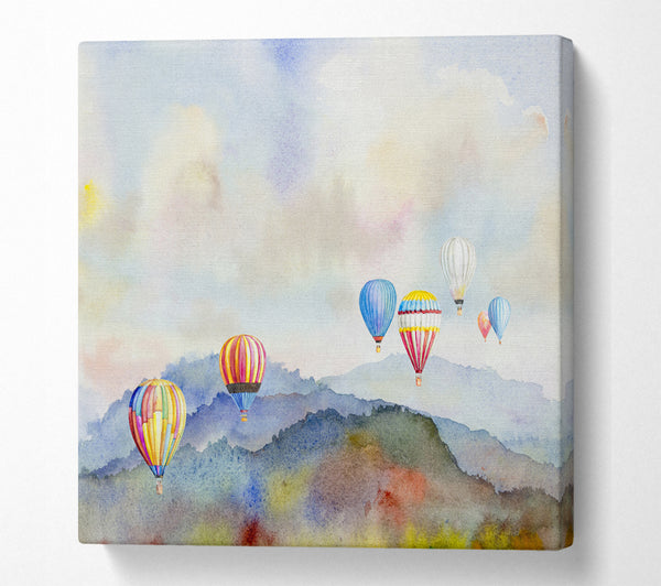 A Square Canvas Print Showing Hot Air Balloons In The Valley Square Wall Art