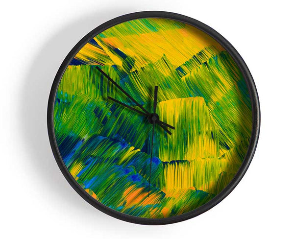 Green On Yellow Flat Brush Trokes Clock - Wallart-Direct UK