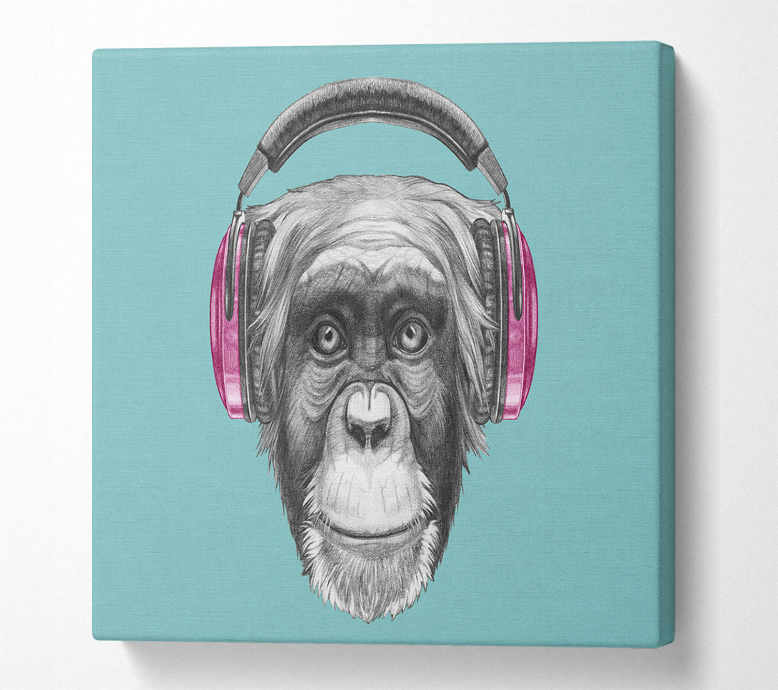 A Square Canvas Print Showing Chimpanzee Headphone Dj Square Wall Art