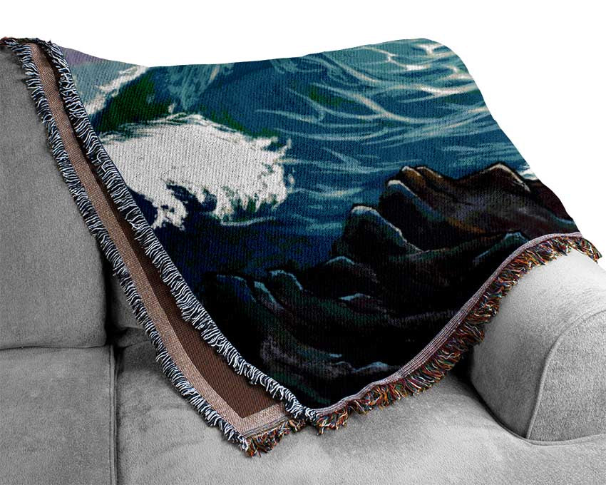 Waves Crashing On The Cliff Rocks Woven Blanket