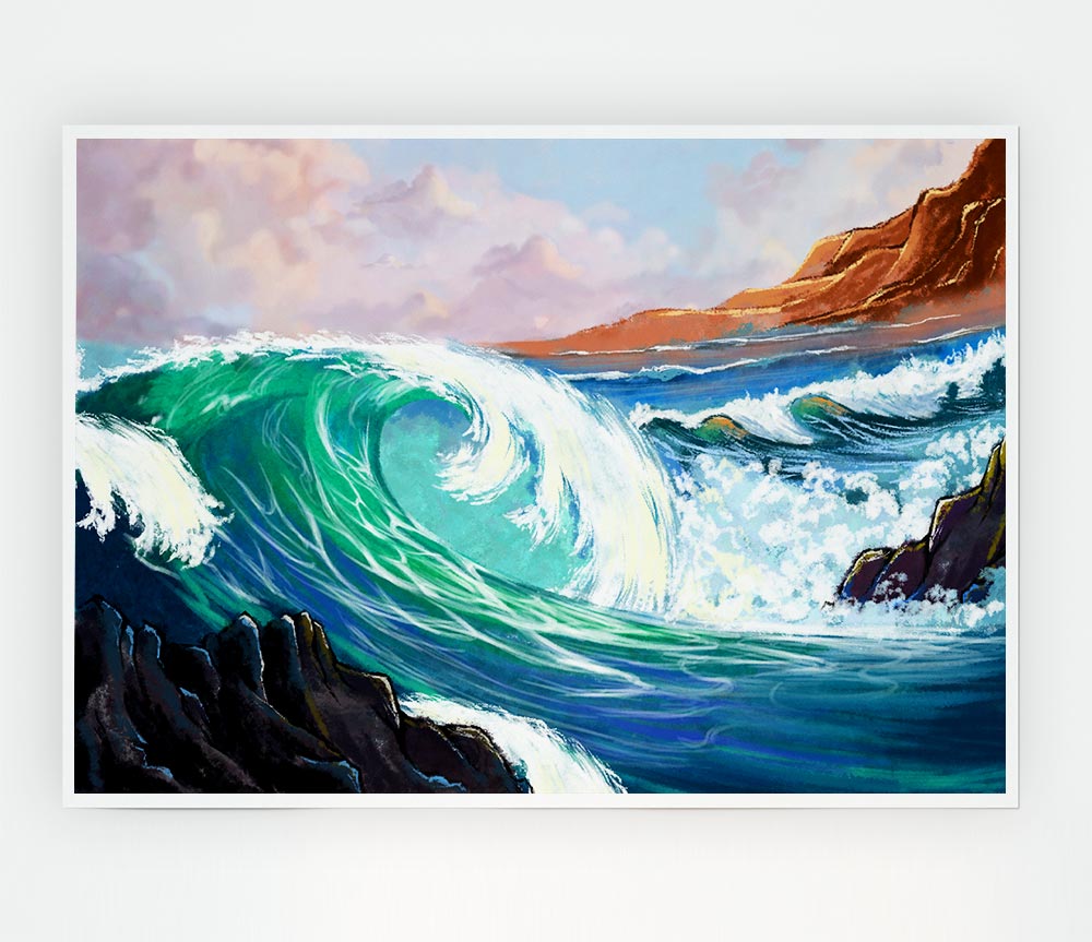Waves Crashing On The Cliff Rocks Print Poster Wall Art