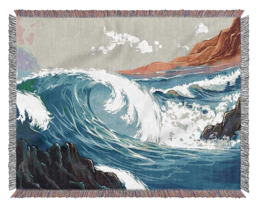 Waves Crashing On The Cliff Rocks Woven Blanket