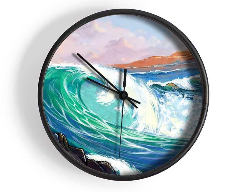 Waves Crashing On The Cliff Rocks Clock - Wallart-Direct UK