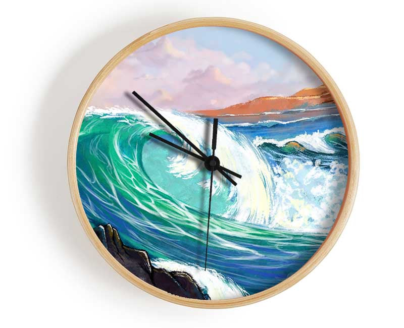 Waves Crashing On The Cliff Rocks Clock - Wallart-Direct UK