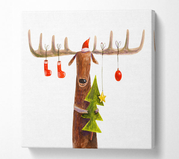 A Square Canvas Print Showing Reindeer At Christmas Antlers Square Wall Art