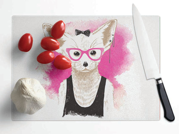 Arctic Fox Bow Pink Glasses Glass Chopping Board