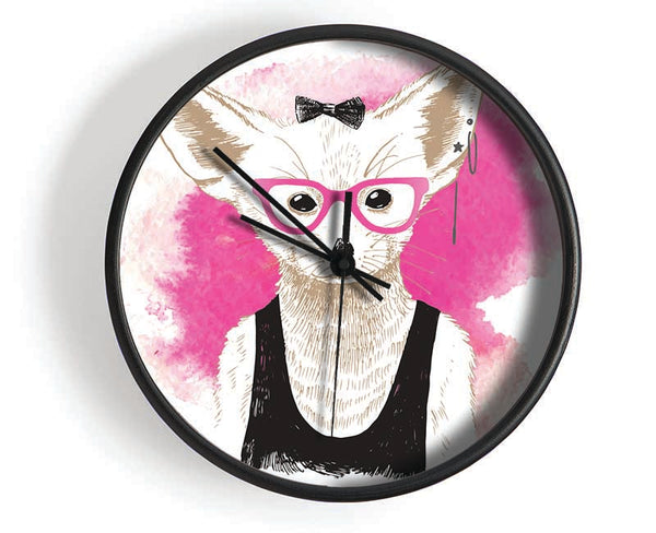 Arctic Fox Bow Pink Glasses Clock - Wallart-Direct UK