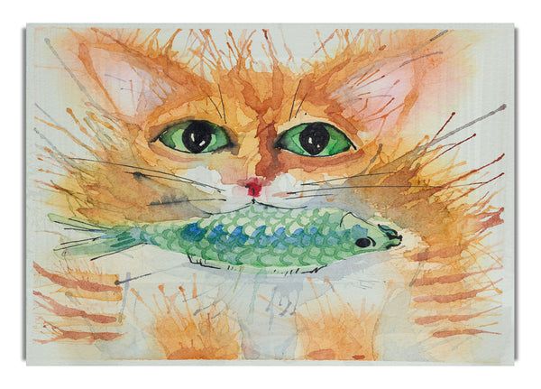 Watercolour Cat With Fish