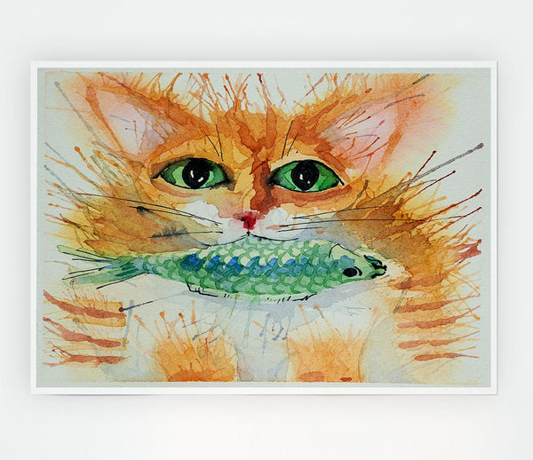 Watercolour Cat With Fish Print Poster Wall Art