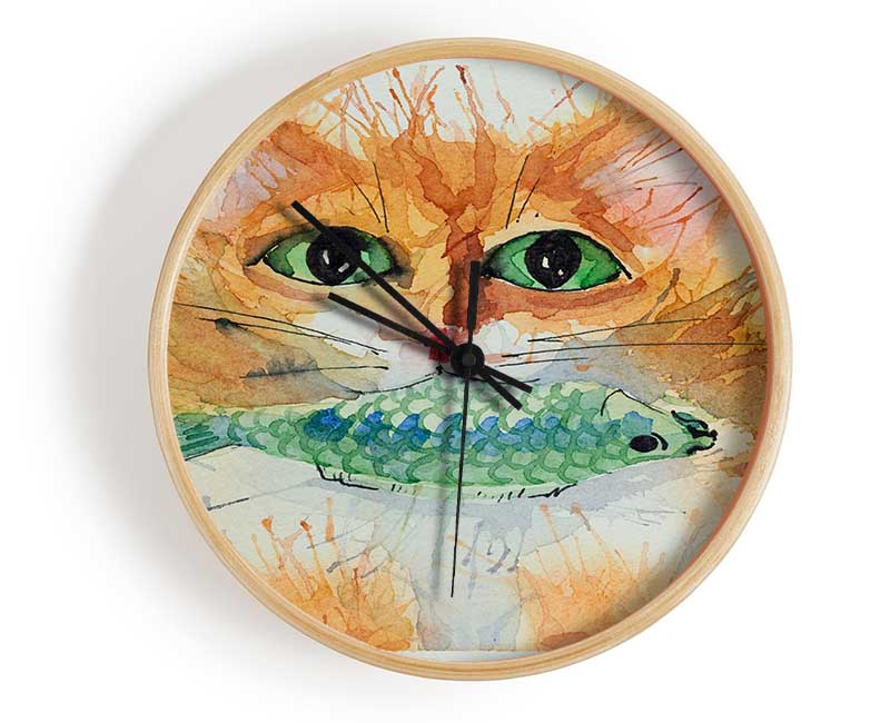 Watercolour Cat With Fish Clock - Wallart-Direct UK