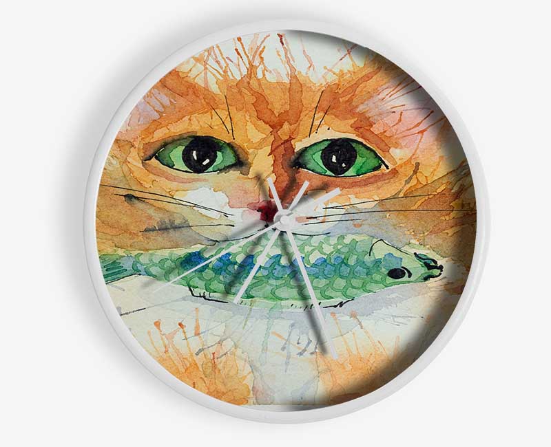 Watercolour Cat With Fish Clock - Wallart-Direct UK