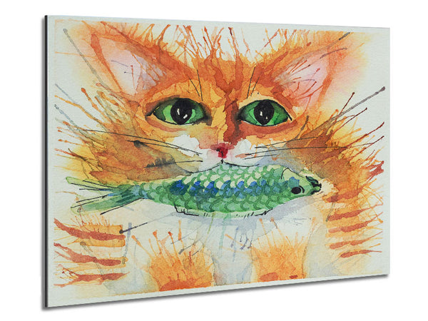 Watercolour Cat With Fish