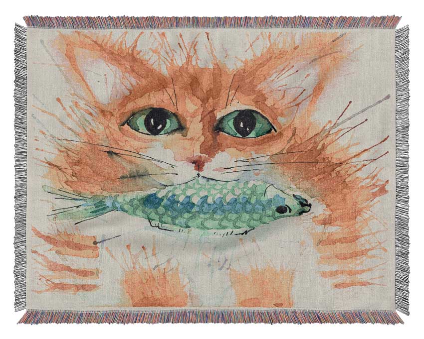 Watercolour Cat With Fish Woven Blanket