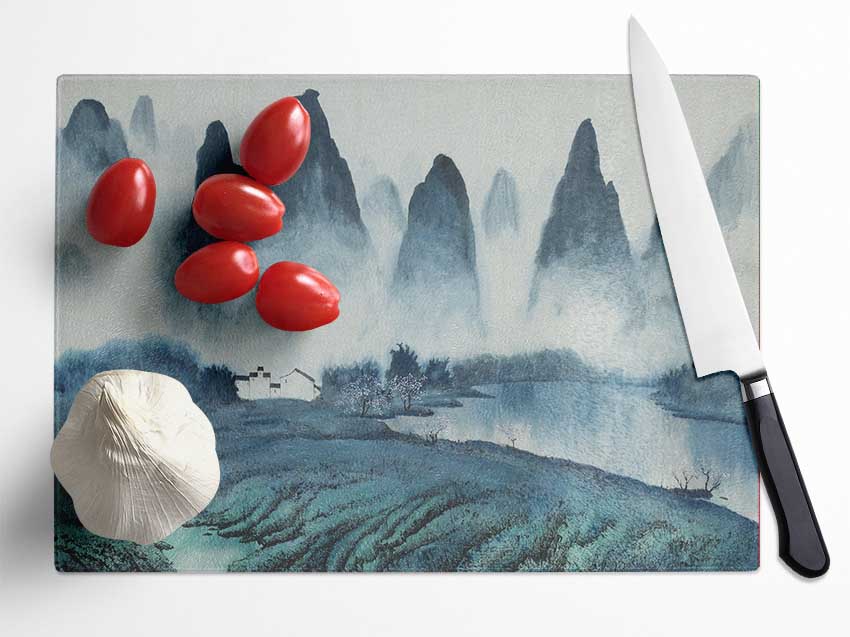 Tall Rock Mountain Mist Glass Chopping Board