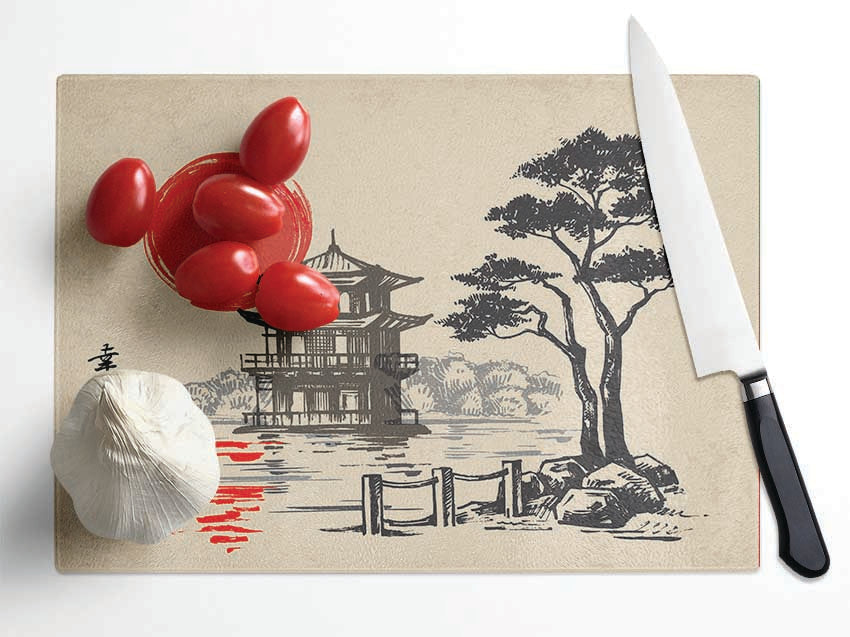 Japanese Red Sun Buildings Glass Chopping Board