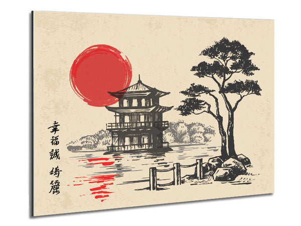 Japanische Gebäude mit roter Sonne