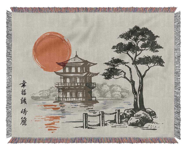 Japanese Red Sun Buildings Woven Blanket