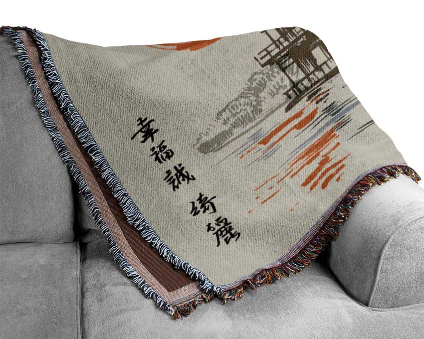 Japanese Red Sun Buildings Woven Blanket