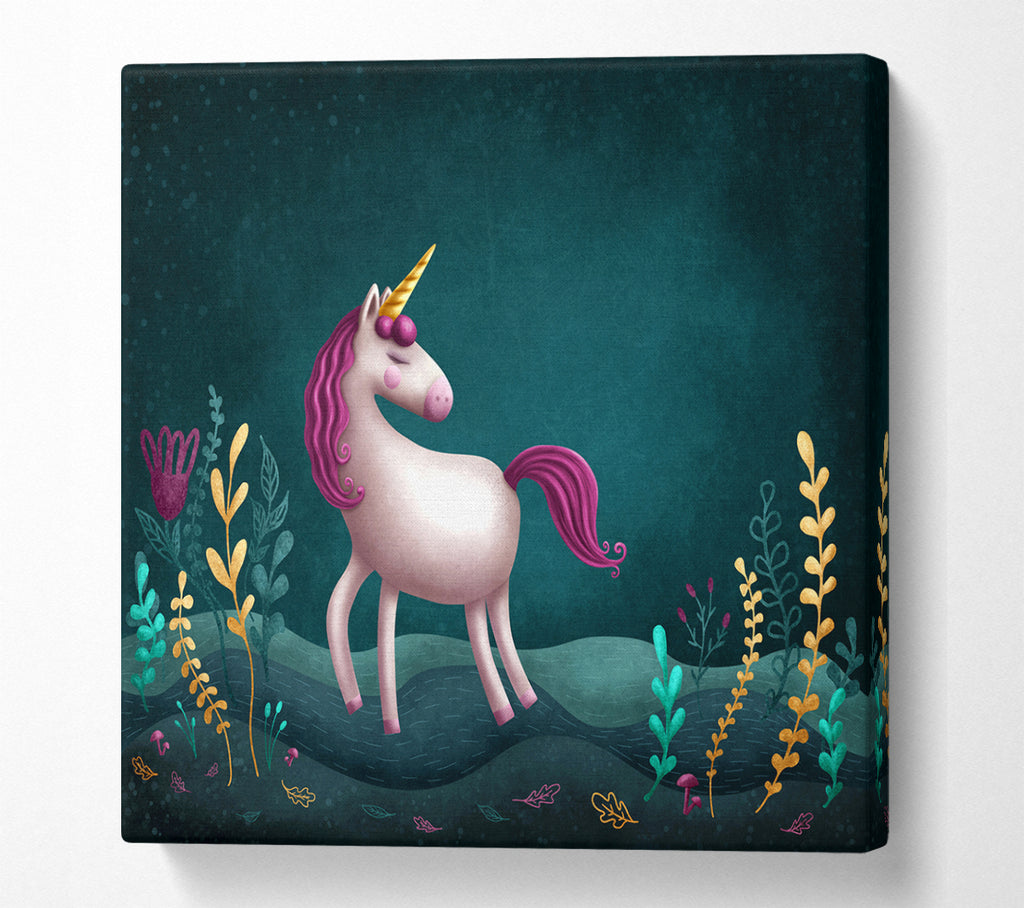 A Square Canvas Print Showing The Happy Unicorn Square Wall Art