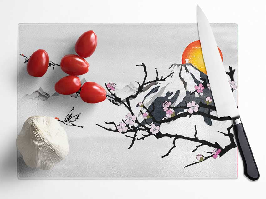Branches In The Japanese Sunrise Glass Chopping Board