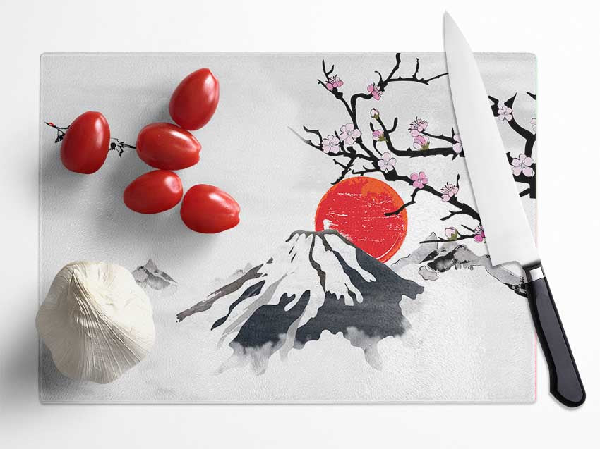 Red Japanese Sunset Branch Glass Chopping Board