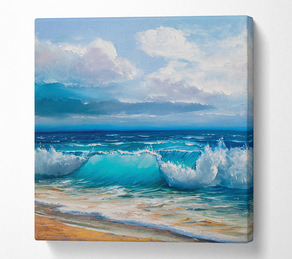 A Square Canvas Print Showing Swirling Waves Hit The Beach Square Wall Art