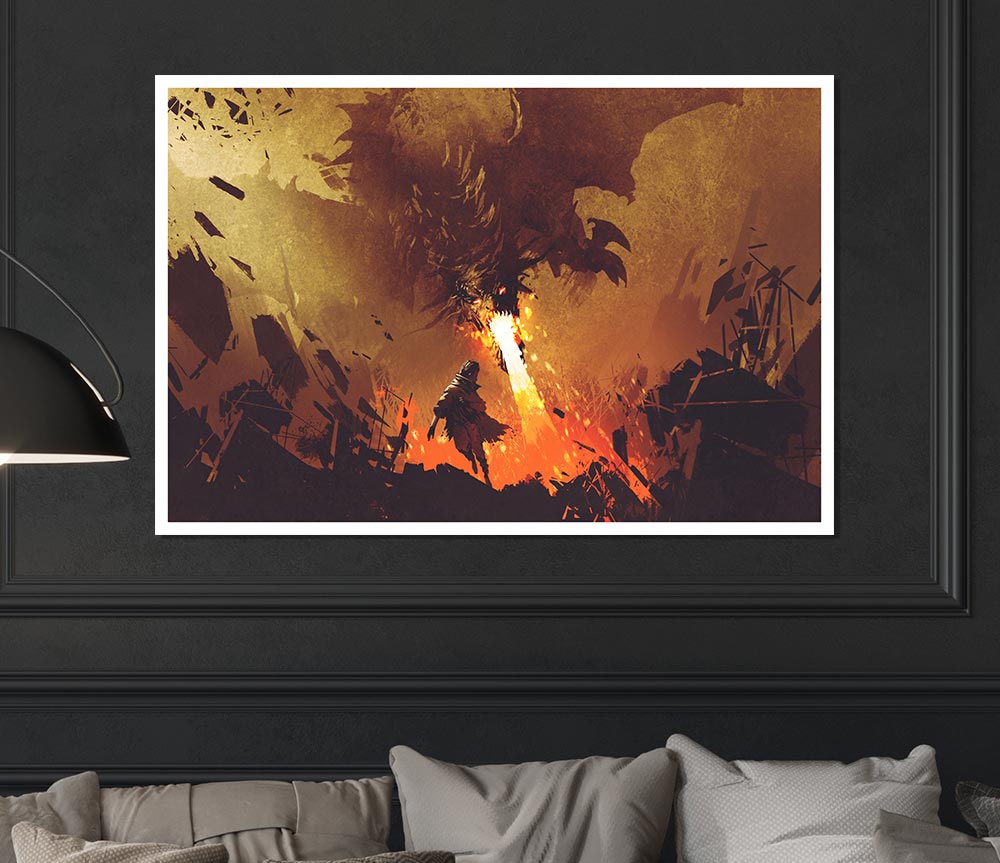 Fighting The Fire Dragon Print Poster Wall Art